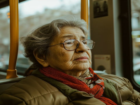 Das Bild zeigt eine Frau in einem Bus. 
