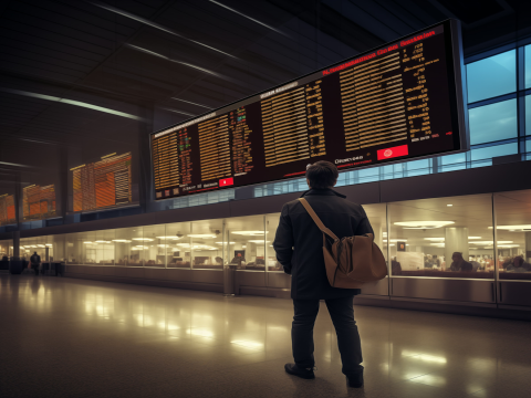 Das Bild zeigt einen Mann vor einer Fahrplanauskunft.