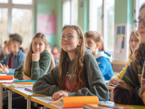 Das Bild zeigt Schülerinnen und Schüler in einem Klassenraum.