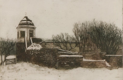 Taubenturm Kalkar, Radierung von Christel Verhalen Der Kalkarer Taubenturm umgeben von Mauern und Bäumen, Radierung von Christel Verhalen