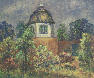 Taubenturm Kalkar, Öl auf Karton, Helma Holthausen-Krüll Der Kalkarer Taubenturm umgeben von einem Garten mit Bäumen und Sträuchern