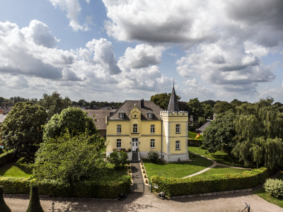 Haus Grieth Blick aus der Vogelperspektive aus Haus Grieth mit umgebenden Grünflächen und Baumbestand