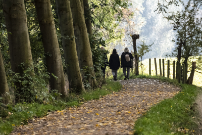 Wandern in Kalkar Wandern in Kalkar: Zwei Spaziergänger in der Ferne auf einem Weg mit Herbstblättern, der von Bäumen und Sträuchern gesäumt ist