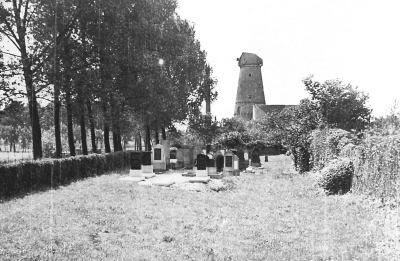 Blick auf den jüdischen Friedhof mit Grabsteinen in einer Rasenfläche, umgeben von Hecken; im Hintergrund die Kalkarer Mühle