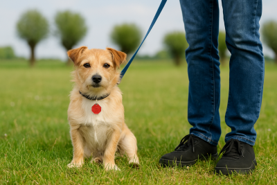 Es angeleinter Hund mit Hundesteuermarke sitzt auf einer Wiese.