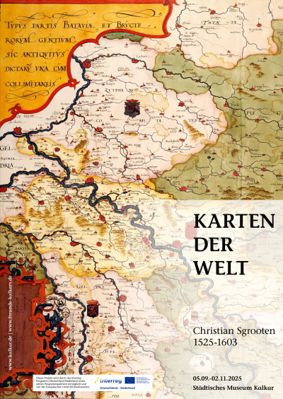Erste Seite des Flyers mit Informationen zur Ausstellung "Karten der Welt, Christian Sgrooten im Städtischen Museum Kalkar