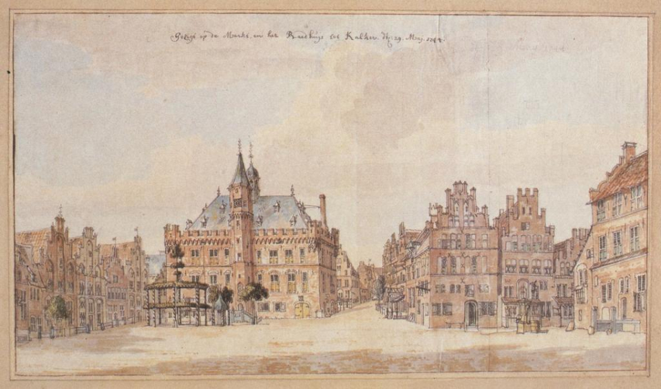 Markt Kalkar, Zeichnung Jan de Beijer, 1744 Zeichnung des Kalkarer Marktplatzes mit Rathaus, Gerichtslinde und umliegenden Häuser, Ansicht von 1744