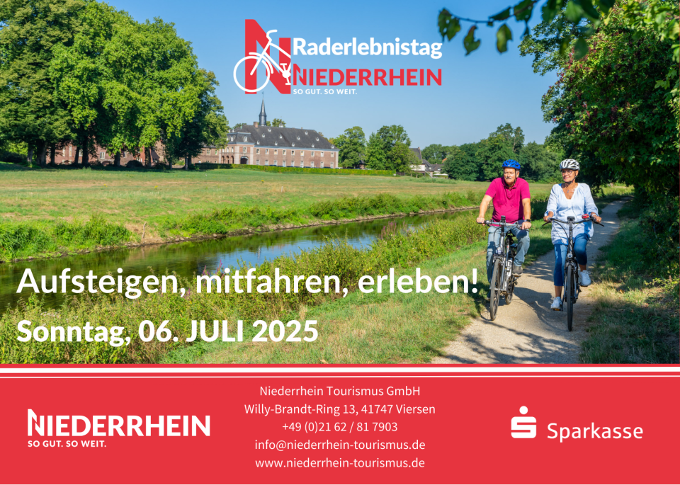 Postkarte Raderlebnistag Niederrhein 2025 Postkarte zum Raderlebnistag Niederrhein 2025 mit zwei Radfahrer*innen auf einem Radweg entlang der Niers mit Schloss Wissen im Hintergrund auf der anderen Uferseite