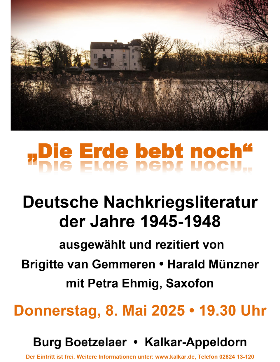 Plakat mit Informationen zur Lesung  "Die Erde bebt noch" am 08. Mai  2025 in der Burg Boetzelaer 