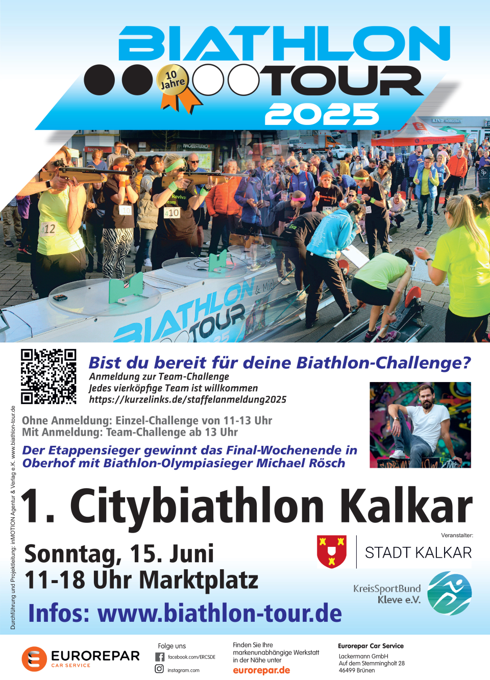 Plakat mit Informationen zum 1. Citybiathlon in Kalkar am 15.06.2025