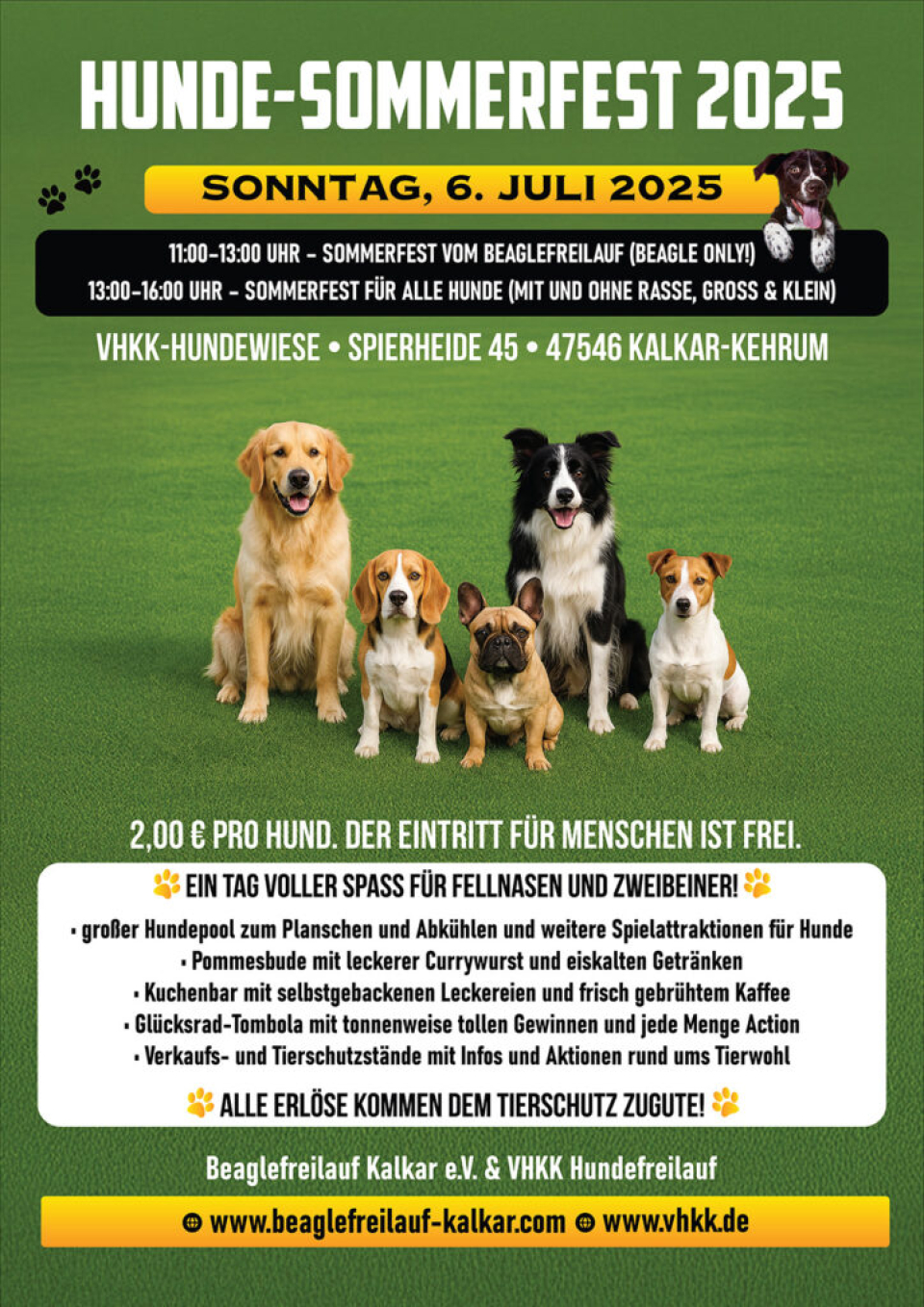 Plakat mit Informationen zum Hunde-Sommerfest am 06.07.2025 auf der Hundewiese, Spierheide 45, 47546 Kalkar-Kehrum.