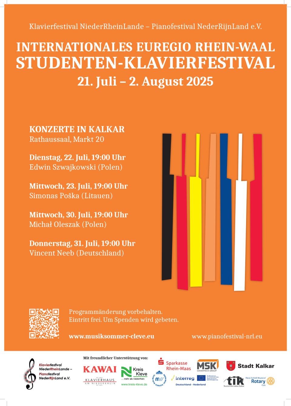 Studentenmusikfestival 2025 -Plakat Kalkar Plakat mit Informationen zu den vier Konzerten in Kalkar im Rahmen des Internationalen Euregio Rhein-Waal Studenten-Klavierfestivals