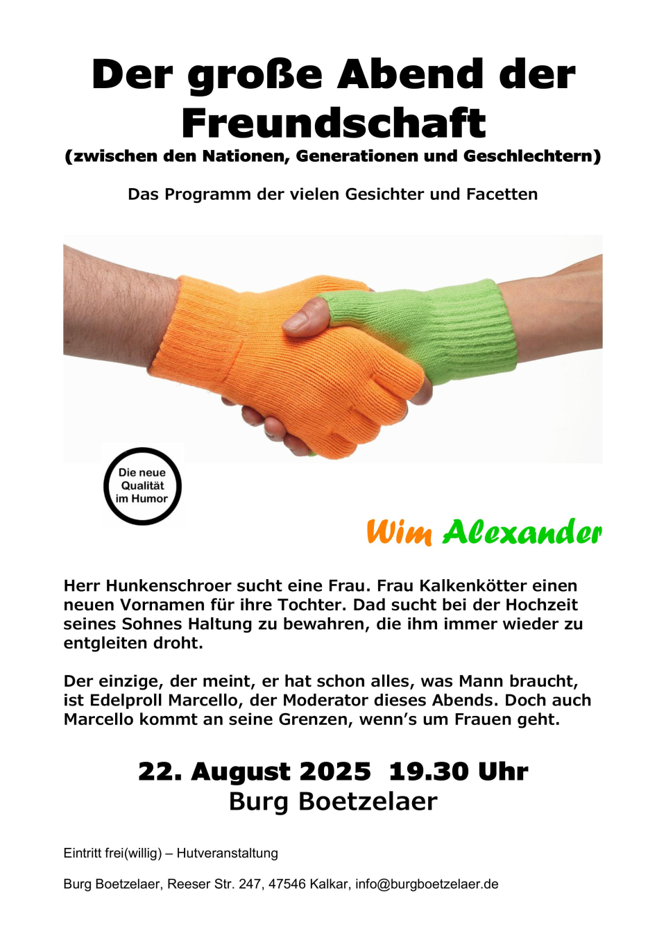 Plakat "Der große Abend der Freundschaft" in Burg Boetzelaer Plakat mit Informationen zur Veranstaltung "Der große Abend der Freundschaft" in der Burg Boetzelaer am 22.08.2025