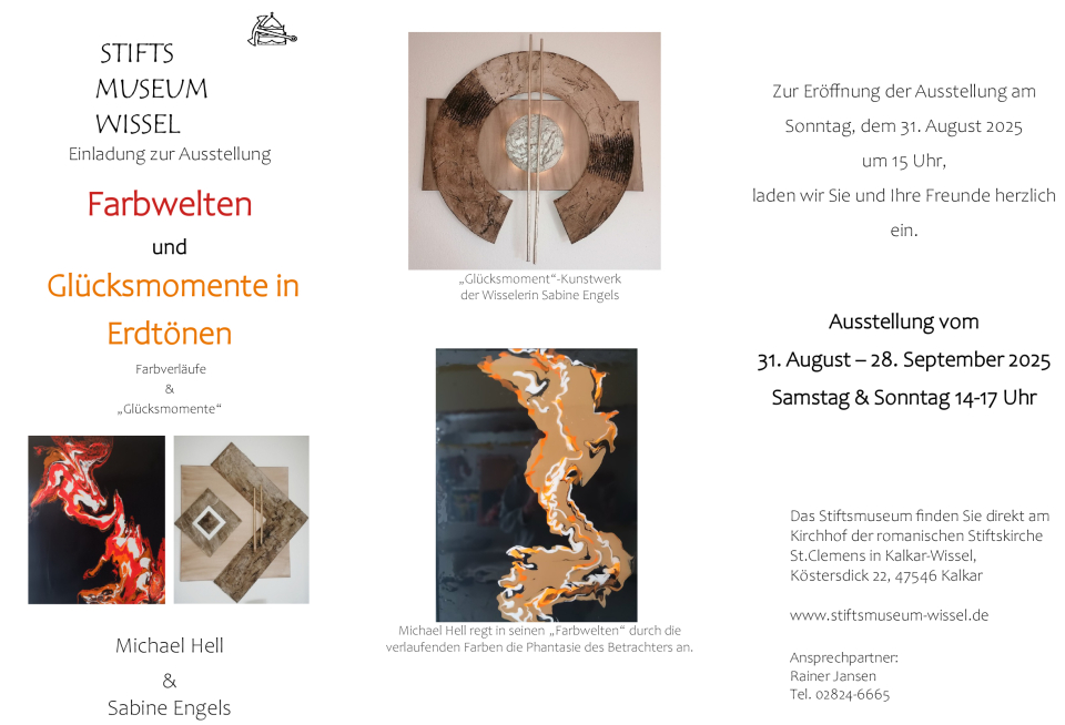 Flyer mit Informationen zur Ausstellung "Farbwelten und Glücksmomente in Erdtönen" im Stiftsmuseum Wissel" von Monika Buchen im Städtischen Museum Kalkar