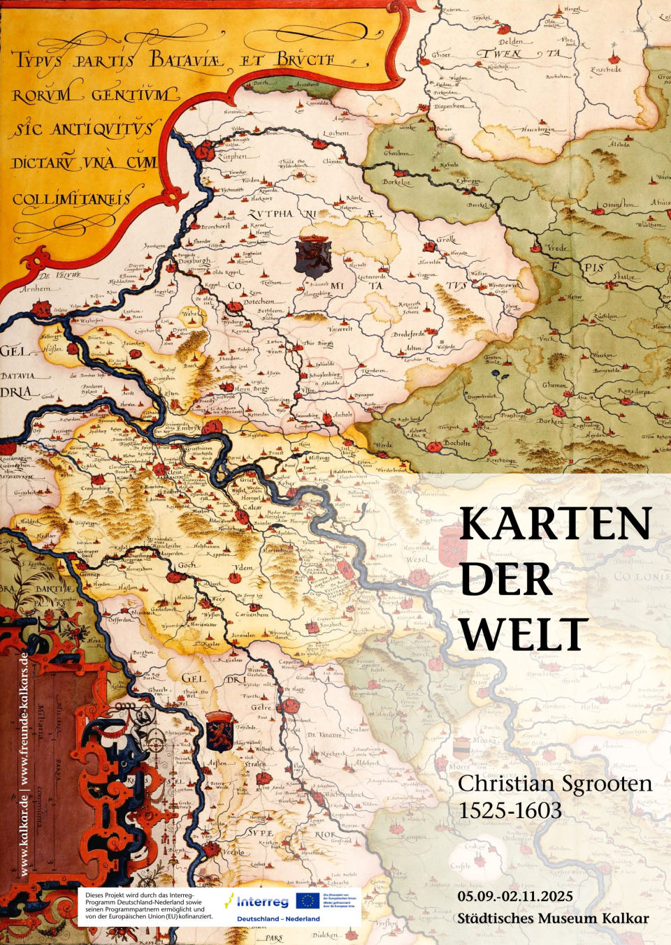 Erste Seite des Flyers mit Informationen zur Ausstellung "Karten der Welt, Christian Sgrooten im Städtischen Museum Kalkar