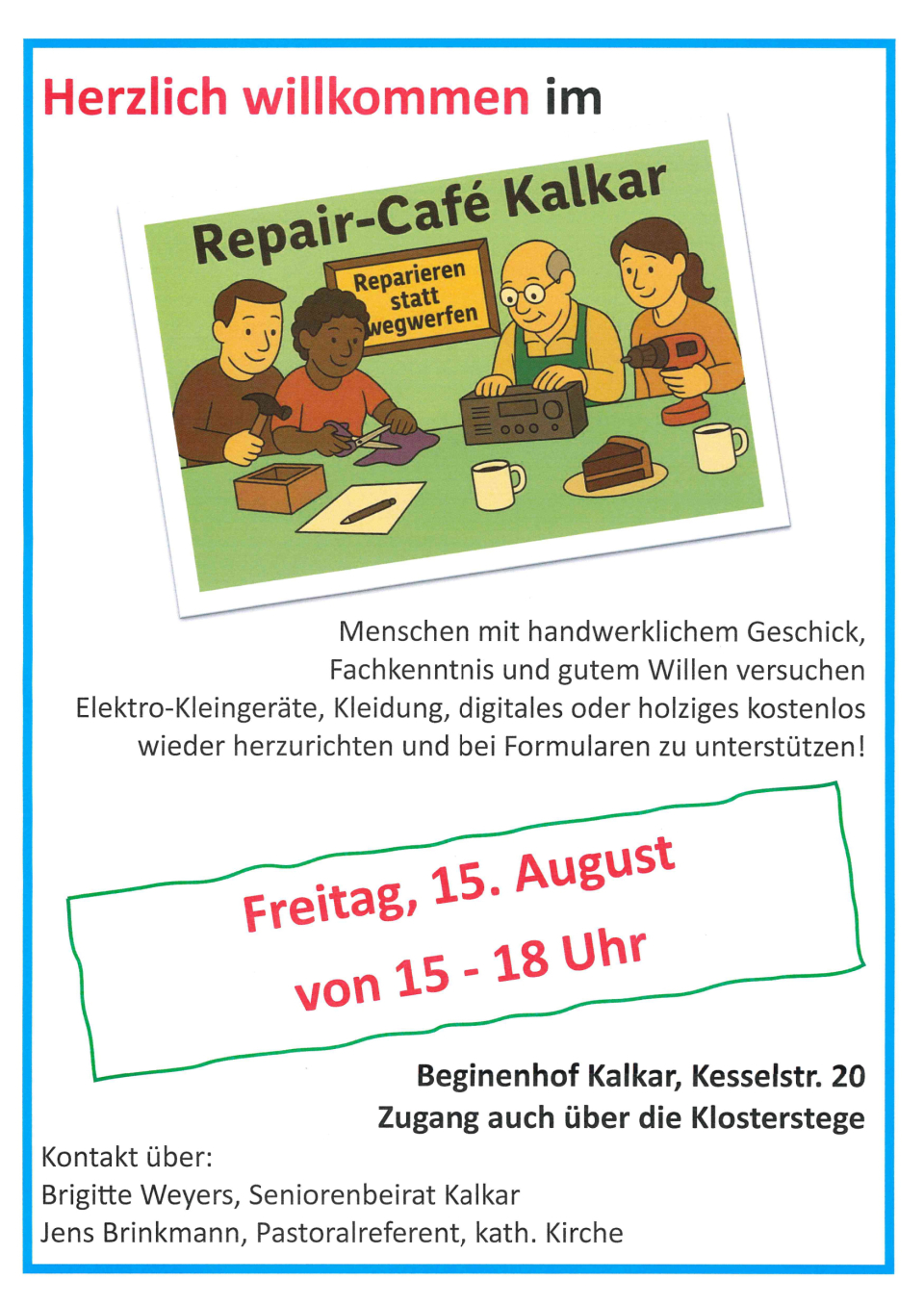 Plakat mit Informationen zum Repair-Café in Kalkar am 15.08.2025