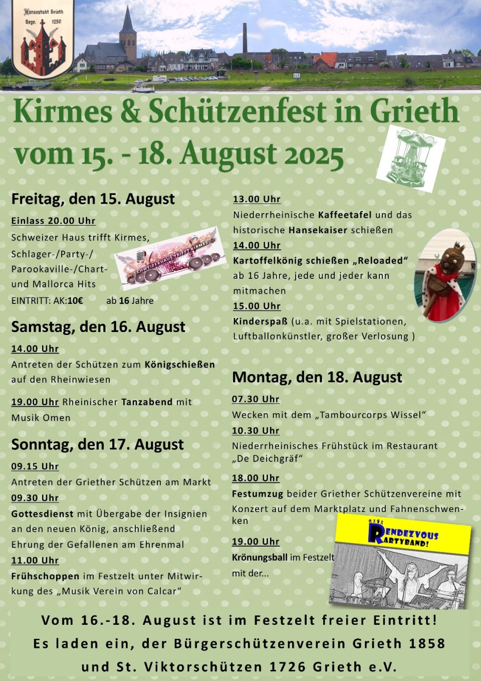 Plakat mit Informationen über das Programm von Kirmes und Schützenfest in Grieth 2025