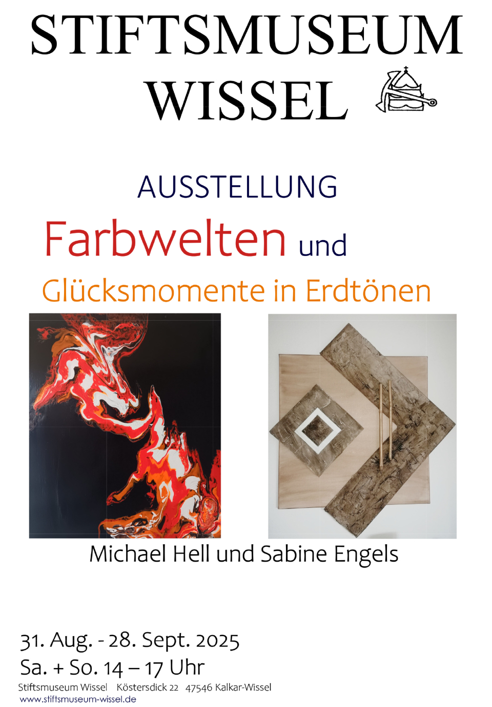 Plakat mit Informationen zur Ausstellung "Farbwelten und Glücksmomente in Erdtönen" im Stiftsmuseum Wissel" von Monika Buchen im Städtischen Museum Kalkar