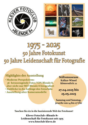 Plakat mit Informationen zur Ausstellung des Fotoclubs Blende 8 im Stiftsmuseum Wissel.