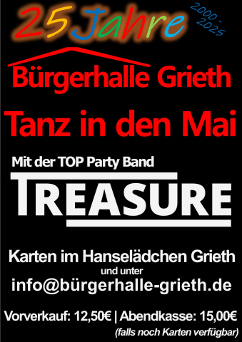 Plakat mit Informationen zur Veranstaltung "Tanz in den Mai" am 30..04.2025 in der Bürgerhalle in Grieth am Rhein