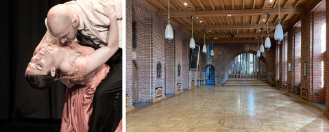Zusammengesetztes Foto eines Paars beim Tango tanzen und des leeren Ratssaals der Stadt Kalkar