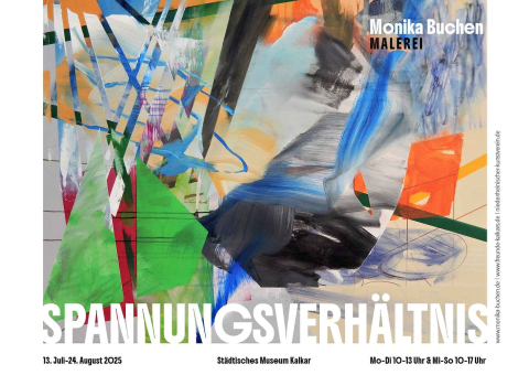 Plakat mit Informationen zur Ausstellung "Spannungsverhältnis" von Monika Buchen im Städtischen Museum Kalkar