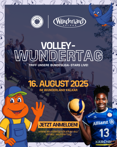 Poster mit Informationen zum Volley-Wundertag am 16.08.2025 im Wunderland Kalkar